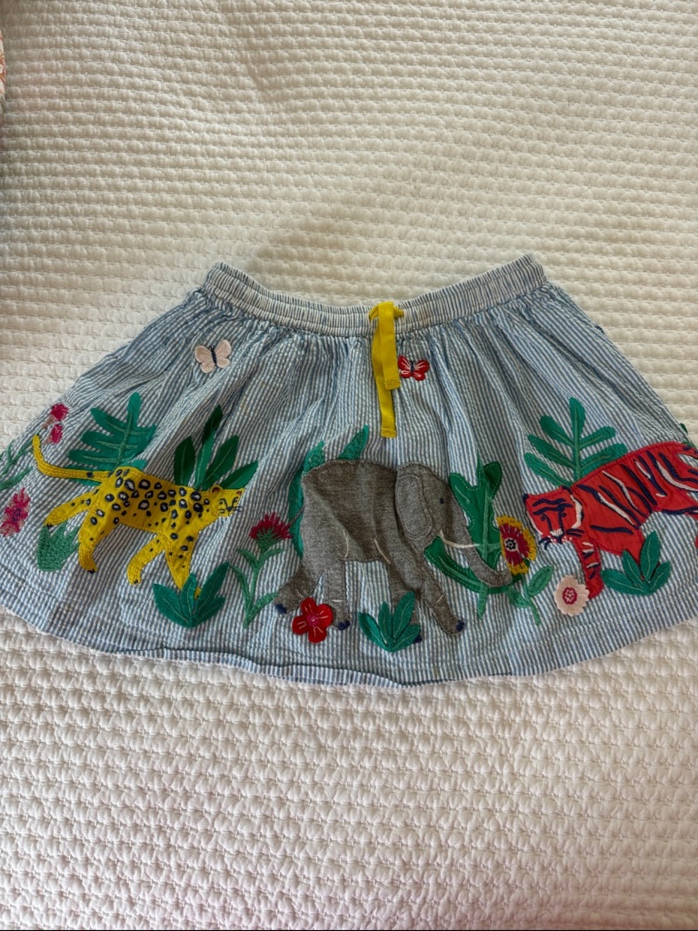 Mini Boden Blue Stripe Skirt with Colorful Jungle Animals, size 4-5Y